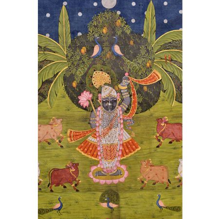 Pichwai Painting of Srinathji In Forest With Cows
