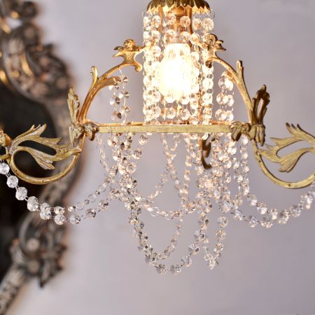 Vintage Italian Style Brass Enameled Chandelier with Clear Garland Strands - 1.5 cm Drops