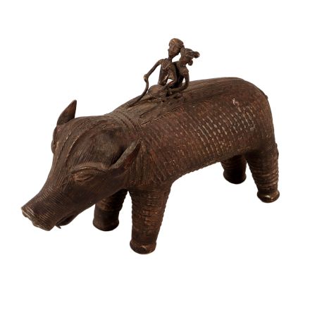 Handmade Brass Pig Statue with Two Riders
