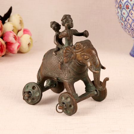 Indian Brass Elephant Statue with Two Riders