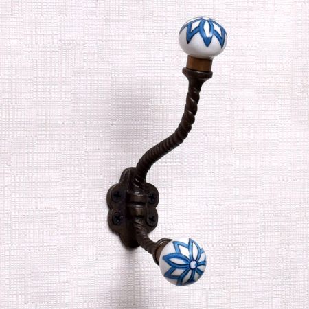 Turquoise Floral Ceramic Iron Hat Hooks