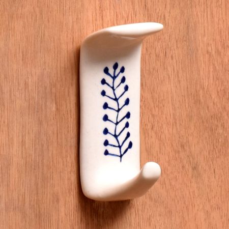 White Ceramic Blue Floral Adhesive Wall Hook