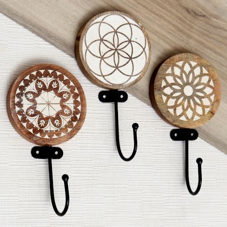 Brown Wooden Abstract Design Wall Hooks For Keys - Pack of 3