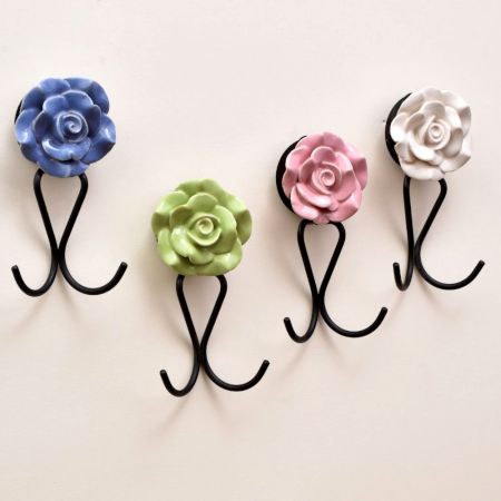 Multicolor Ceramic Flower Hanging Hook for Wall in Set of 4