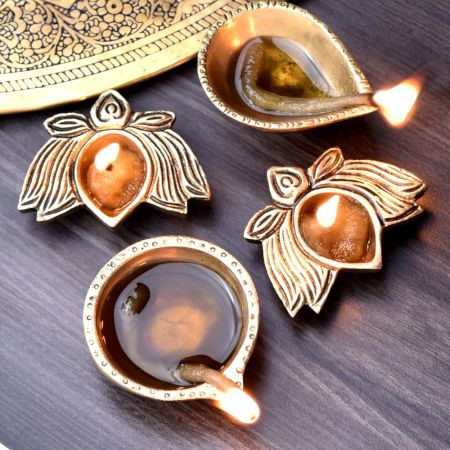 Designer Golden Brass Oil Lamp Decorative Oil Lamp - Pack of 4