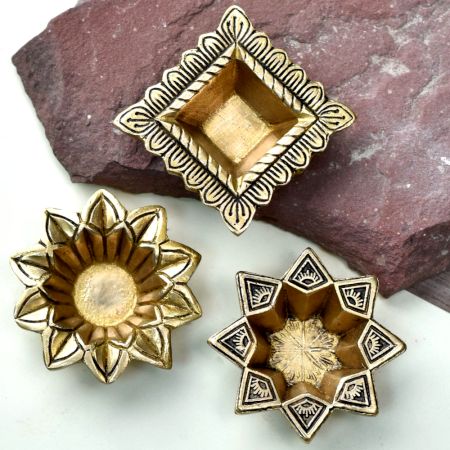 Golden Brass Oil Lamp For Inaugration Decorative Festival Oil Lamps - Pack of 3