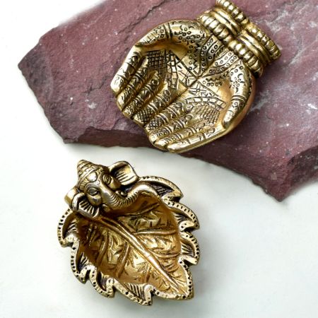 Golden Sankh and Hands Brass Oil Lamp Diwali Gifts Worship Decoration - Pack of 2