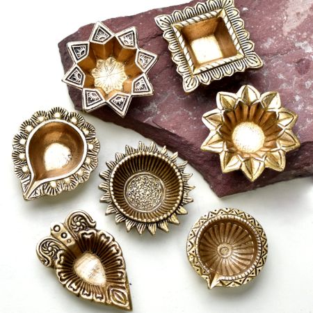 Golden Brass Decorative Diya For Temple Decoration - Pack of 7