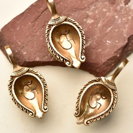 Pack of 3 Brass Om Carved Temple Diya Lamp