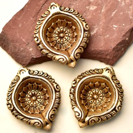 Pack of 3 Designer Round Brass Oil Lamp Festive Diya