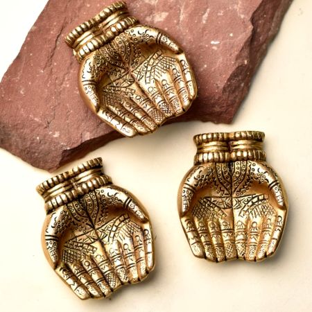 3 Pieces Engraved Design Two Hands Brass Diya Oil Lamp