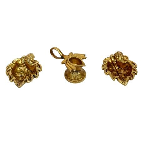 Indian-Shelf Handmade Vocalforlocal Pack of 3 Brass Golden Oil Lamp Diya Lotus Floral and Ganpati Leaf Design Puja Utensils Diwali Home DÃ©cor
