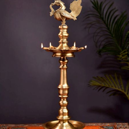 Fancy Tall Peacock 5 Wick Diya Oil Lamp
