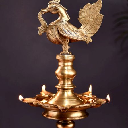 Fancy Tall Peacock 5 Wick Diya Oil Lamp