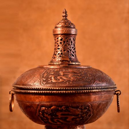 Carved Brass Chinese Candy Serving Bowl In Copper Finish