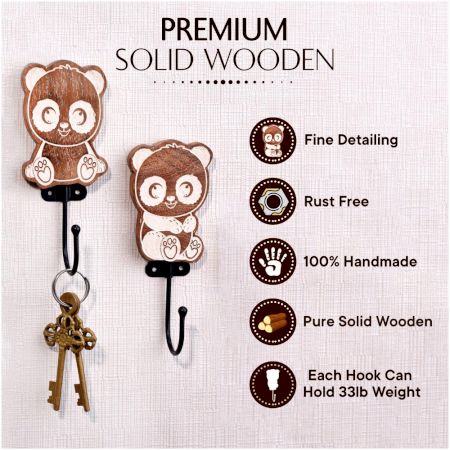 Brown Wooden Cute Panda Decorative Hooks For Kids - Pack of 3
