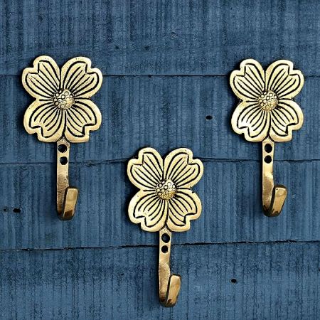 Golden Flower Brass Wall Hooks for Hanging - Pack of 3