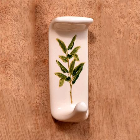 Handmade White Ceramic Green Leaf Stick Wall Hook