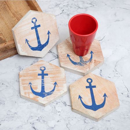 Handmade Wooden Coasters Engraved with Anchor - Pack of 4