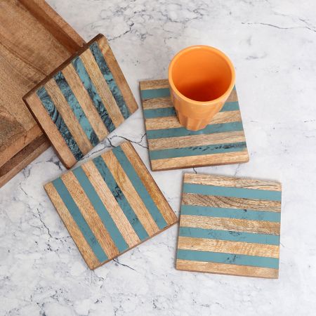 Brown and Blue Pattern Wooden Coasters - Pack of 4
