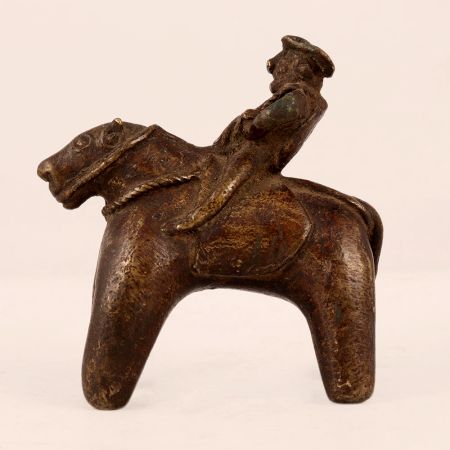 Brown Brass Horse Statue with Rider in Folk Art