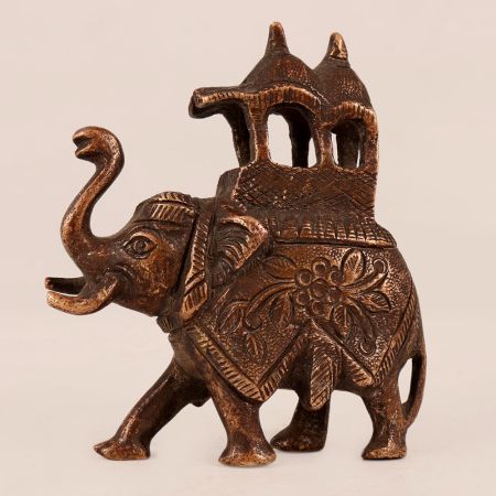 Handmade Copper Statue of Elephant with Howdah for Decor