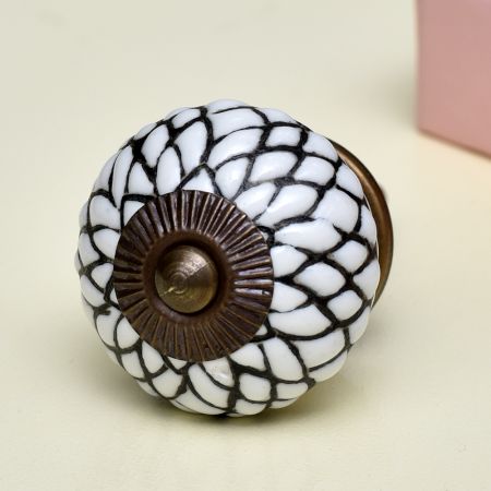 White Black Etched Floral Knob