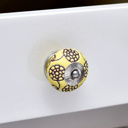 Yellow Marigold Etched Ceramic Floral Cabinet Knob