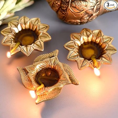 Indian-Shelf Handmade Golden Pack of 3 Swastika Flower Engraved Diya Oil Lamp for Diwali Gift Decoration