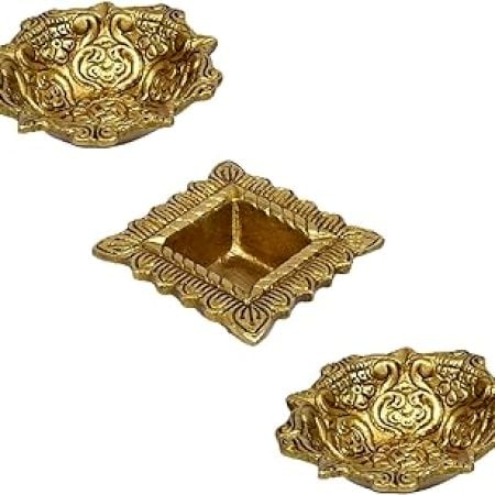 Indian-Shelf Handmade Vocalforlocal Pack of 3 Brass Square and Round Floral Golden Oil Lamp Puja Utensils Deepam Diya Deepak Diya