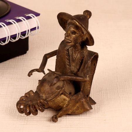 Handmade Brass Statue of Man Playing Drum for Decor