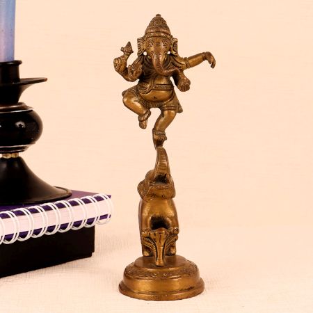 Brass Statue of Lord Ganesha Standing on Elephant Trunk