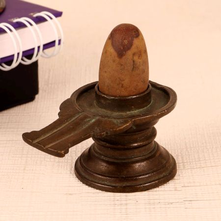 Handmade Shivling Made of Brass and Stone for Worship