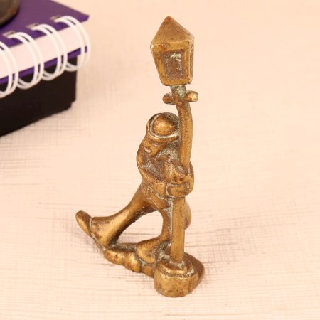 Handmade Brass Statue of Man Standing with Light Pole