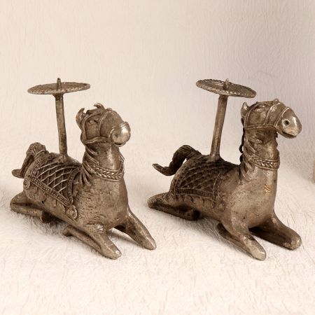 Tribal Art Brass Horse Candle Holder in Set of 2