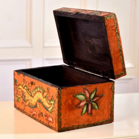 Handcrafted Wooden Box Engraved with Dragon and Flowers