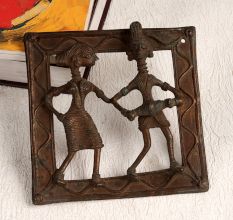 Tribal Art Brass Plate of Man Playing Drum and Woman Dancing