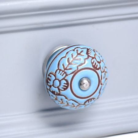 Turquoise Base Brown Leaf Flower Etched Ceramic Drawer Knob