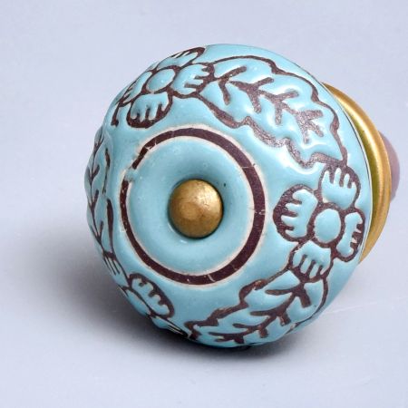 Sea Green Brown Leaf Flower Etched Ceramic Knob Online