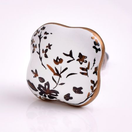 Golden Leaf Flower Square Ceramic Cabinet Knob
