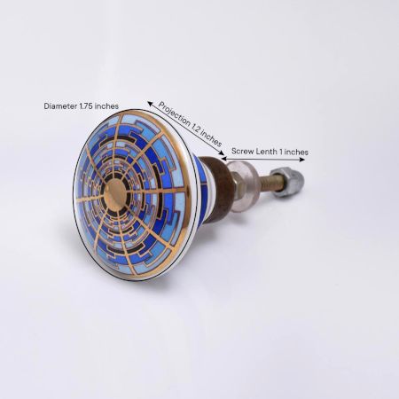 Blue Sapphire Hue Golden Pattern Ceramic Cabinet Knob - Pack of 6
