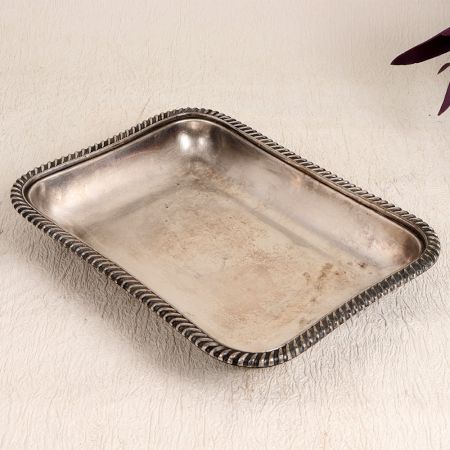 Vintage Handmade White Metal Food Tray in Rectangle Shape