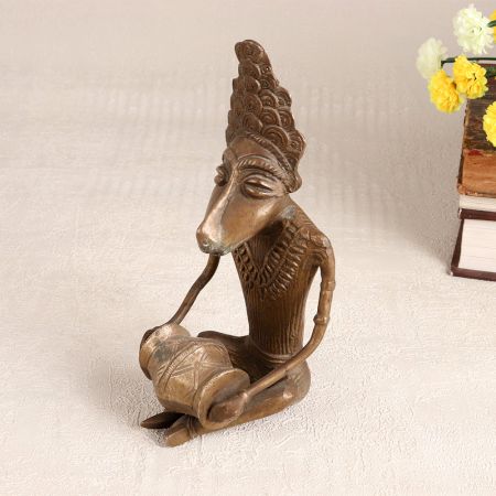 Finest Brass Statue of Male Figure Playing Drum in Himalayan Art