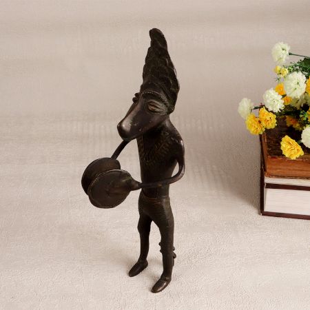 Dark Finish Male Figure Statue Playing Cymbal Made of Brass