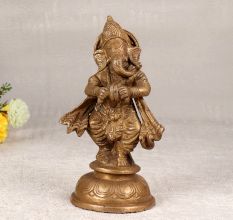 Handcrafted Brown Brass Statue of Lord Ganesha Playing Cymbal