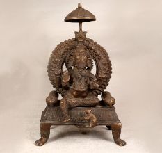 Finest Brass Statue of Lord Ganesha Sitting on Throne for Worship