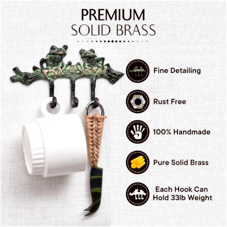 Two Bronze Patina Green Frogs Hooks