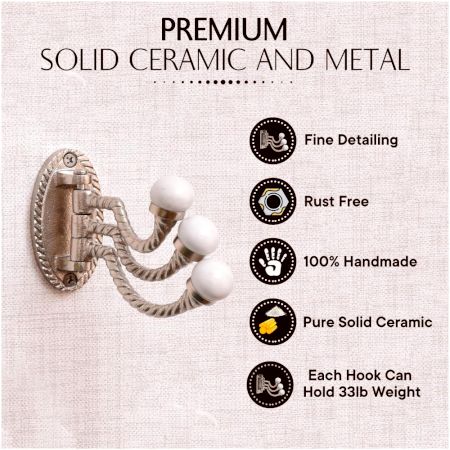 3 in 1 Silver Metal and Porcelain Wall Hooks
