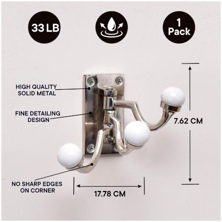 3 in 1 Silver Metal and Ceramic Wall Hooks