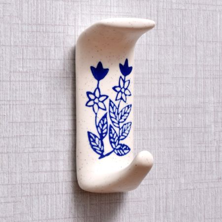 Ceramic Blue Floral Sticky Hook for Wall